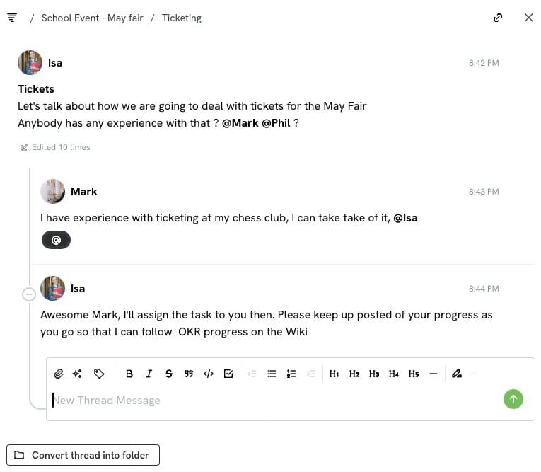 A thread functions as a message replying to another, creating linked conversations rather than standalone messages in general chat.