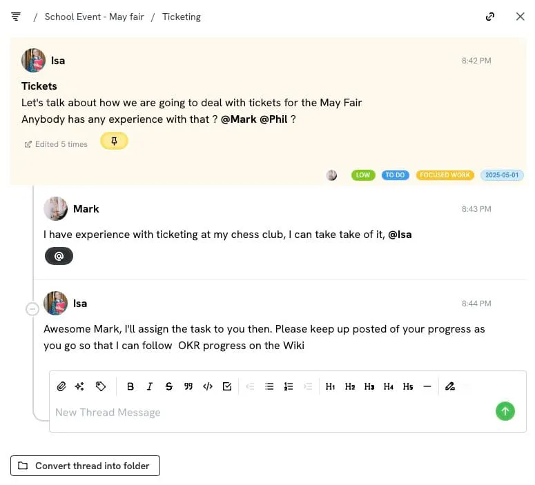 Pinned message as task